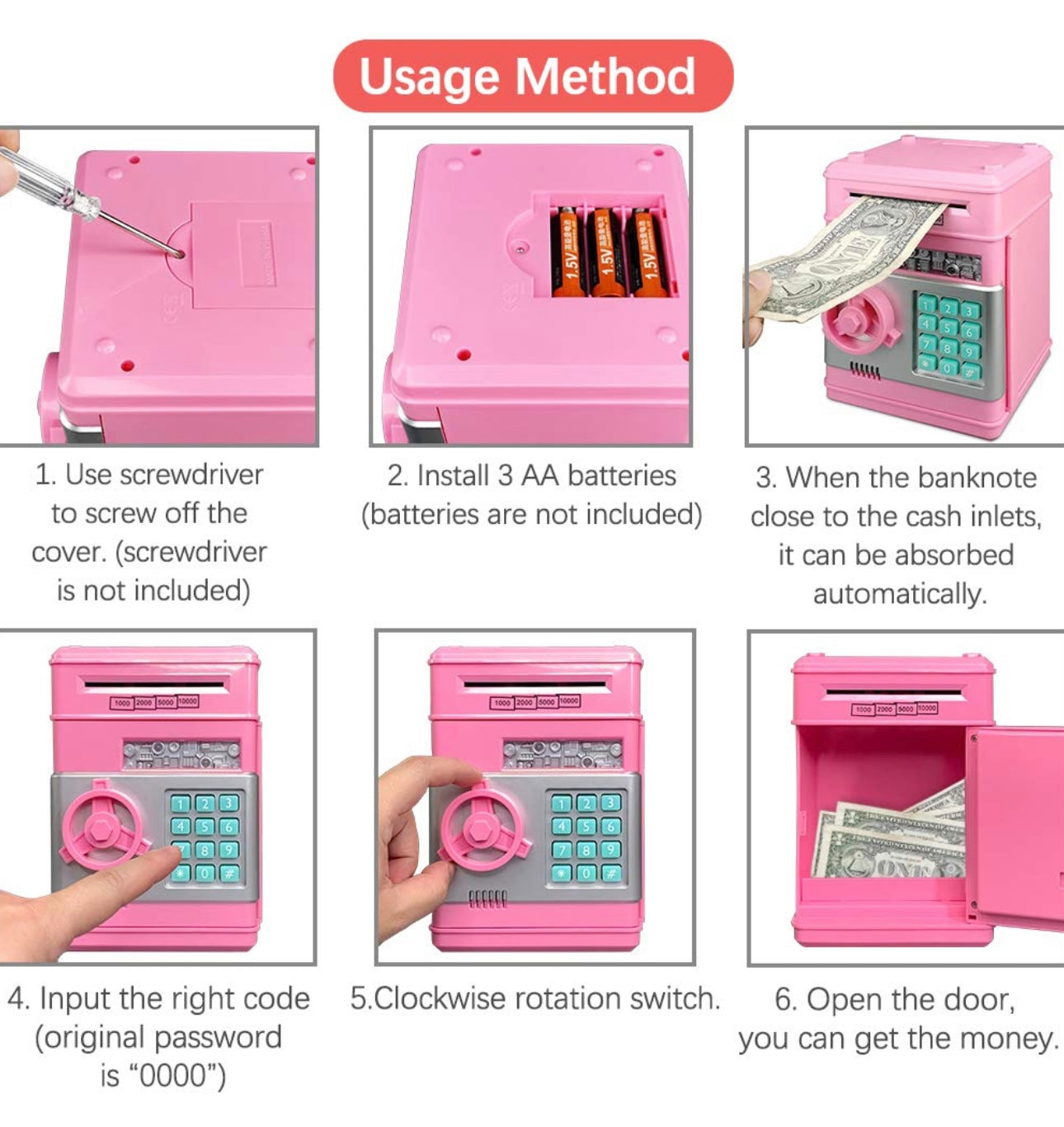 AA Coins and Bills Password/PIN Piggy Bank Kids NEW
