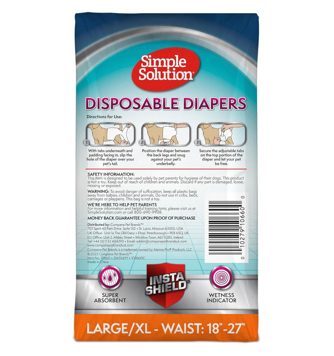 AA Dog Disposable Diaper Female LARGE/XL- Waist: 18”-27” NEW Weight: 50-75 lbs Simple Solution (30 Diapers)