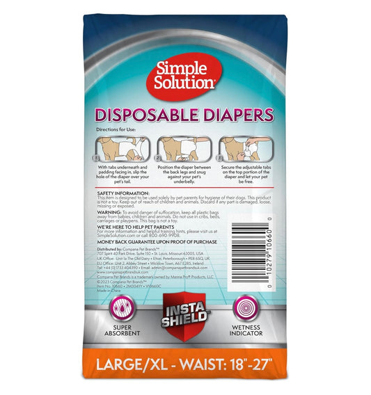 AA Dog Disposable Diaper Female LARGE/XL- Waist: 18”-27” NEW Weight: 50-75 lbs Simple Solution (30 Diapers)