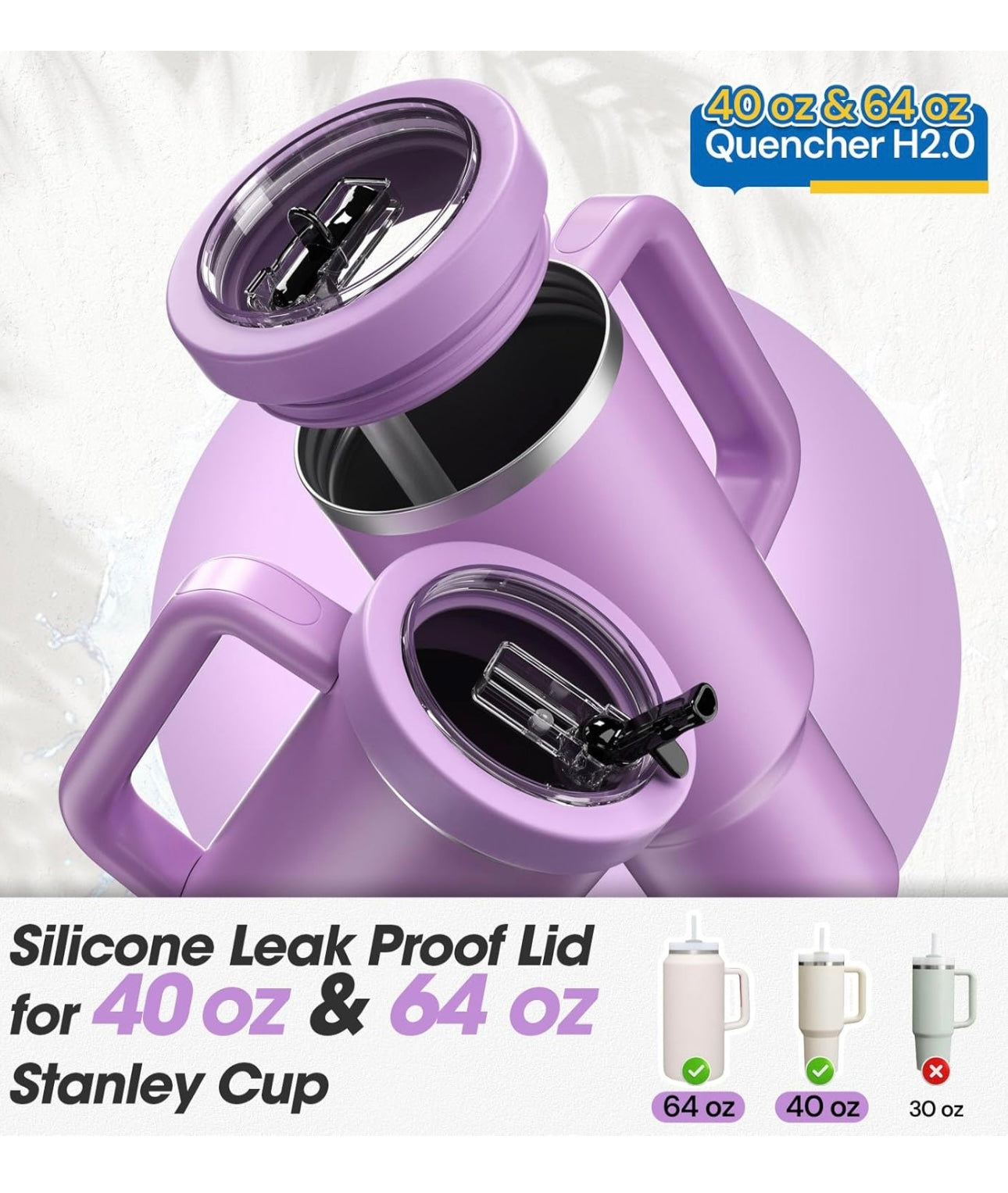 AA Cleaning Brush Set and Silicone Tumbler Straw Lid Only Lilac Leoufun NEW (Compatible with Stanley Quencher 40oz & 64oz H2.0 model)NEW