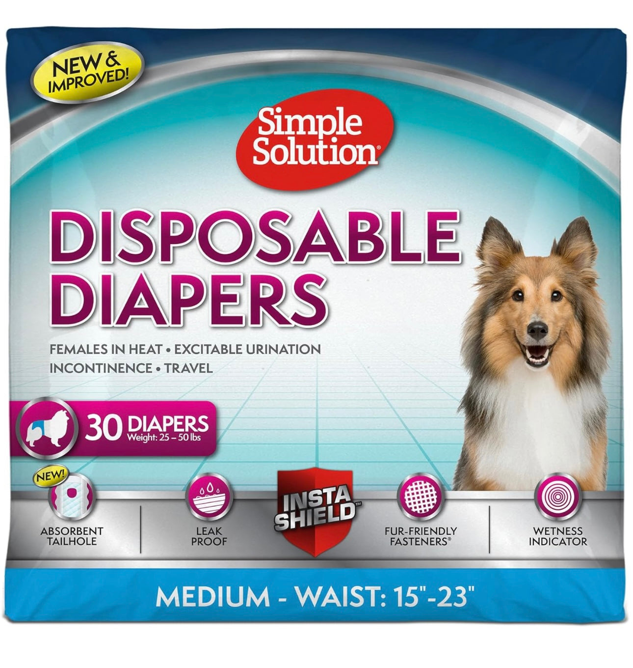 AA Dog Disposable Diapers Female MEDIUM- Waist: 15”-23” NEW Weight: 25-50lbs Simple Solution (30 Diapers)