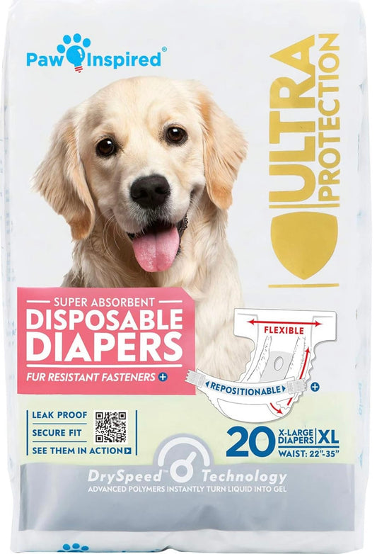 AA Dog Disposable Diapers Female XL- Waist: 22”-35” Paw Inspired       (20 Diapers) NEW