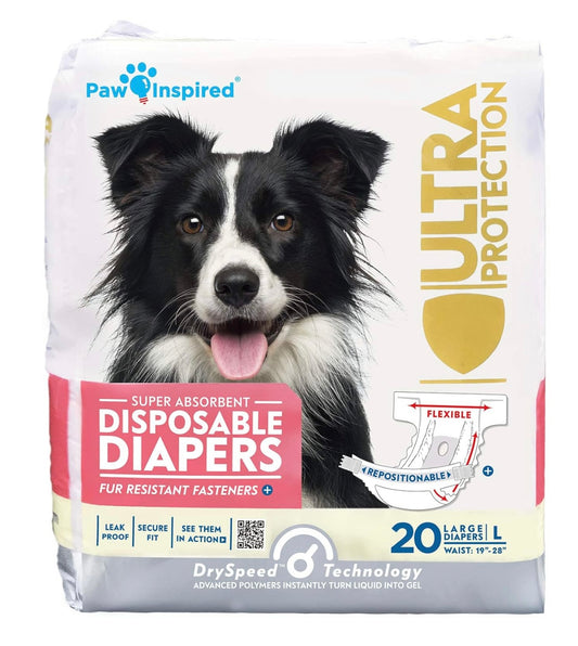 AA Dog Disposable Diaper Female LARGE- Waist: 19”-28” Paw Inspired (20 Diapers) NEW