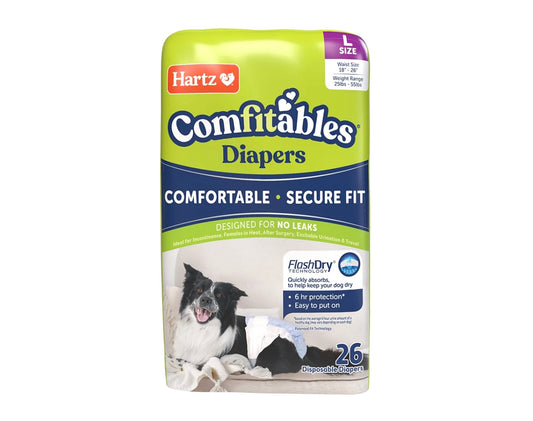AA Dog Disposable Diapers Female LARGE- Waist: 18”-26”  Hartz Comfitables Weight: 25-55lbs NEW (26 Diapers)