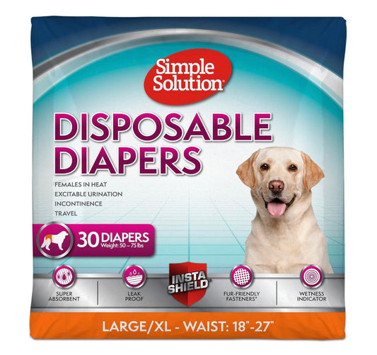 AA Dog Disposable Diaper Female LARGE/XL- Waist: 18”-27” NEW Weight: 50-75 lbs Simple Solution         (30 Diapers)