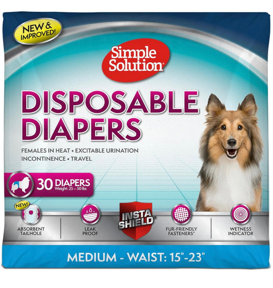 AA Dog Disposable Diapers Female MEDIUM- Waist: 15”-23” NEW  Weight: 25-50lbs Simple Solution   (30 Diapers)